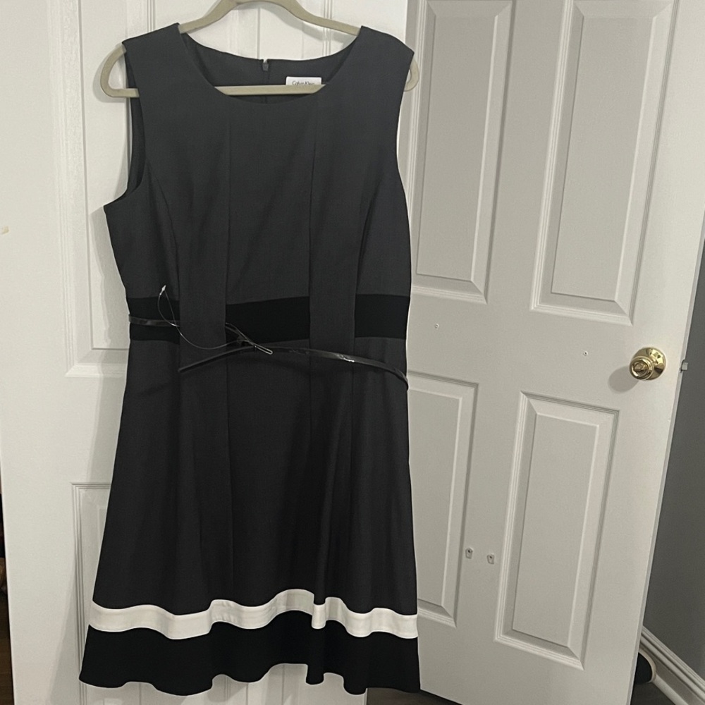 Calvin Klein Black and White Belted Midi Dress